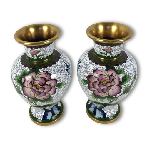 403 - Two vintage Cloisonne Vases. Baluster form, with finely detailed Peony blossoms.