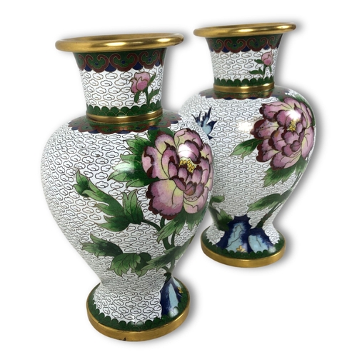 403 - Two vintage Cloisonne Vases. Baluster form, with finely detailed Peony blossoms.