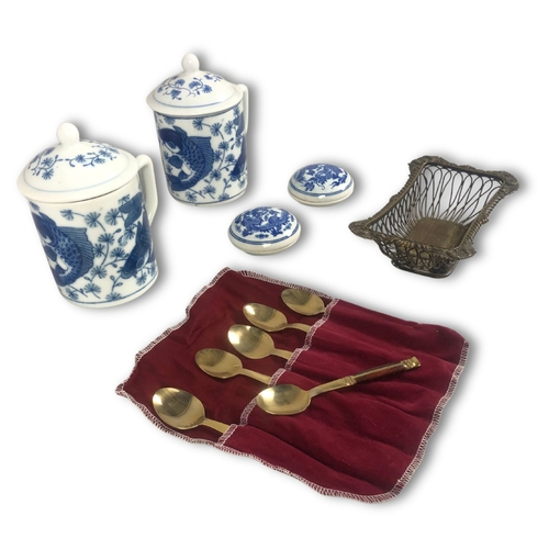 405 - Oriental Themed Blue & White Lidded Mugs and Trinket Boxes with Collectors Spoons & Silver P... 