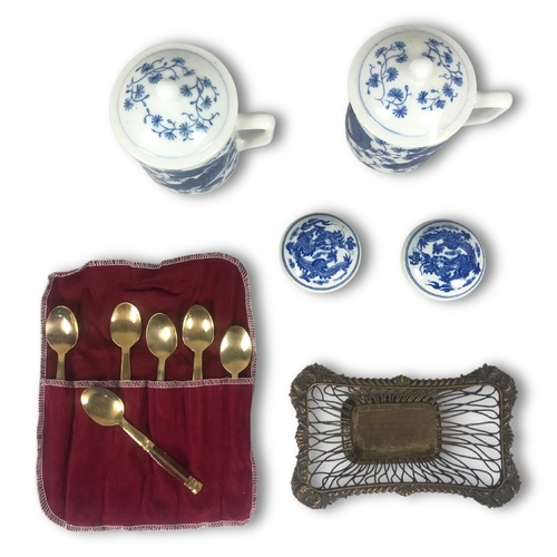 405 - Oriental Themed Blue & White Lidded Mugs and Trinket Boxes with Collectors Spoons & Silver P... 