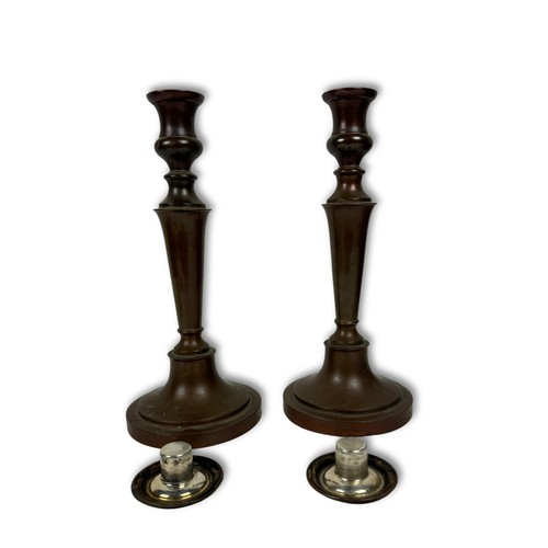 437 - Antique Silver Plate on Copper Candlesticks. all silver plate has worn off except on the underside o... 