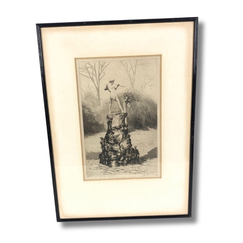 446 - The Peter Pan Statue In Kensington Gardens, London. By Edgar James Maybery. Etching Signed and Title... 