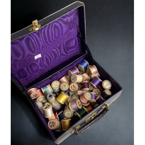 447 - A Victorian Leather Bound Sewing Box/Case, with Numerous Cotton Reels. Mounted with Gilt Metal Monog... 