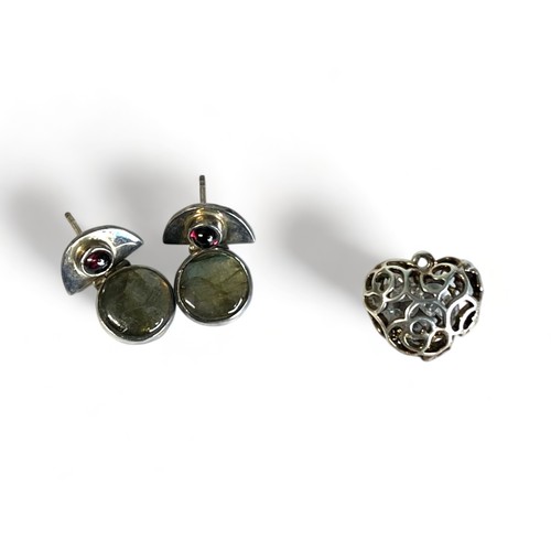 543 - 925 silver cabochon set labradorite ladies earrings. Together with a pierced heart shaped pendant.