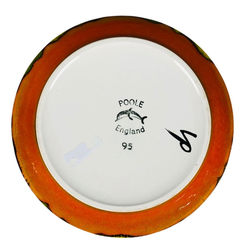 100 - Delphis Poole Pottery Dish Artist mark to base VP in burnt umber and yellow and green tones. Diamete... 