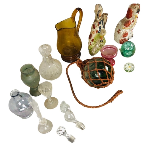 119 - Glass Vases, Staffordshire Style Ornaments, Decanter & Glass Fishing Float.