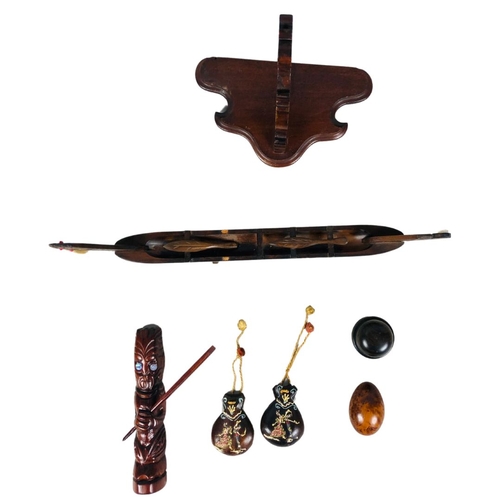 127 - Collection of Wooden Treen Items - Including Spanish Castanets and Maori Wooden Figurine & Boat ... 