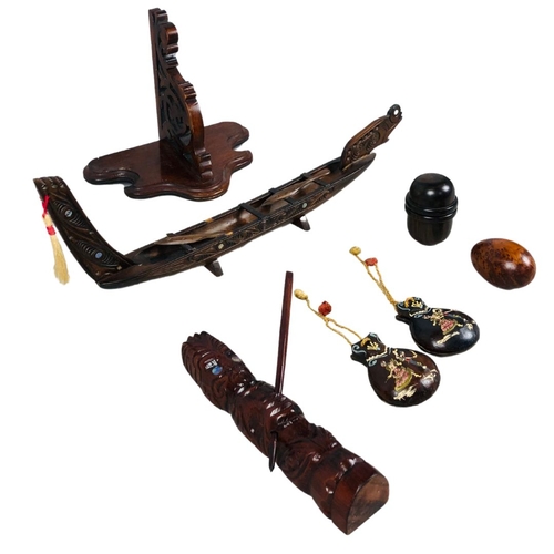 127 - Collection of Wooden Treen Items - Including Spanish Castanets and Maori Wooden Figurine & Boat ... 