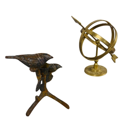 129 - Brass Armillary Sphere & Cast Metal Bird Ornament/Candle Holder