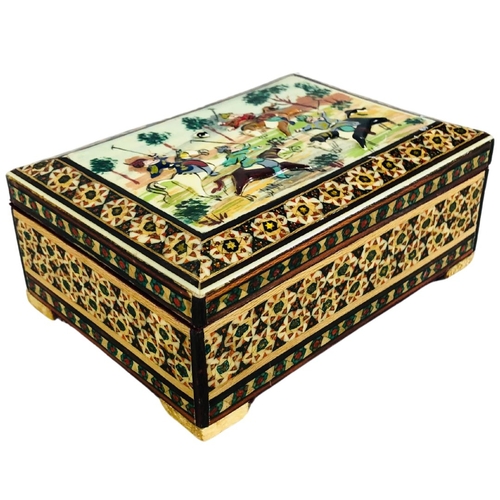 144 - Middle Eastern Khatam Box - decorated with a scene of polo players