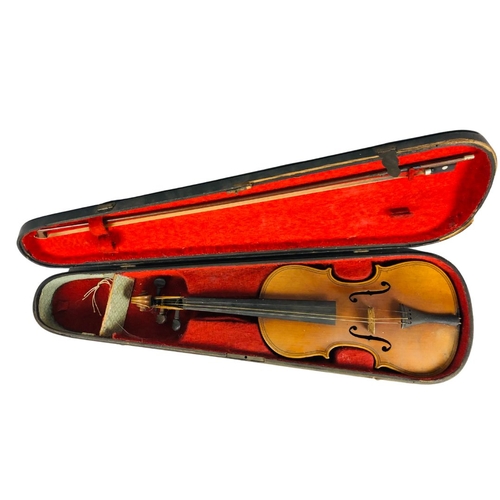 160 - German Maggini model Violin Circa 1920  Cased with hardwood bow, nicklel mounted.