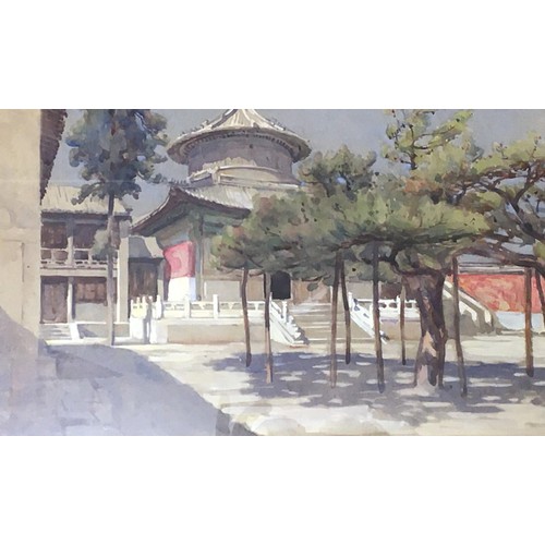 220 - Early 20th Century Water Colour Oriental Temple Scene. Unsigned.Height 23.5cm (Image)Width 39.5cm... 