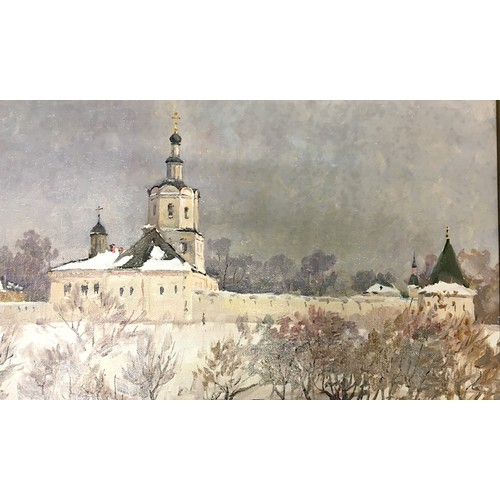 221 - Large Russian Oil on Canvas Winter Scene Landscape - Dated signed 1993.Height 48cm (Image)Width 98cm... 