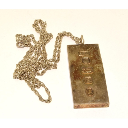 398 - 925 silver full English hall marked Ingot and neck chain