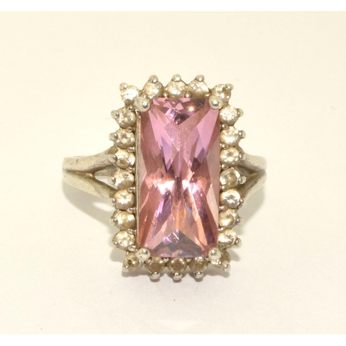 424 - 925 silver pink Tourmaline rectangular halo ring size P