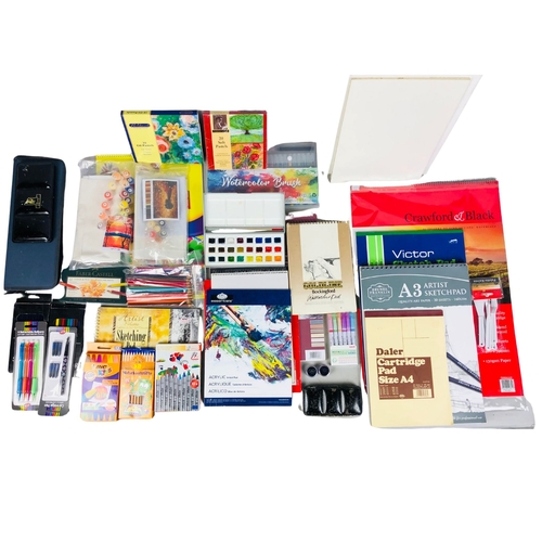 77 - Art supplies to include watercolour paints, paper, pastel chalks.