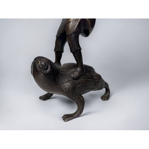 35 - A PAIR OF JAPANESE BRONZE OKIMONO. Meiji period. Depicting men stood on the backs of toads, carrying... 