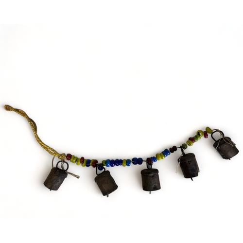 37 - ANTIQUE TIBETAN / INDIAN BEADED COW BELLS.
Strung with metal bells and multicoloured beads.