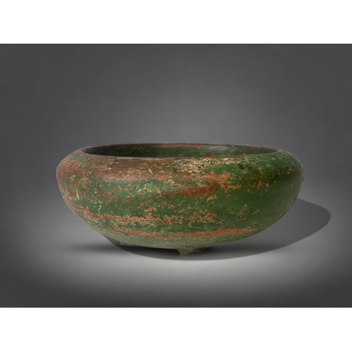 50 - A CHINESE 'HAN DYNASTY' POTTERY CENSER BOWL. GREEN PAINTED. 6 X 15CM