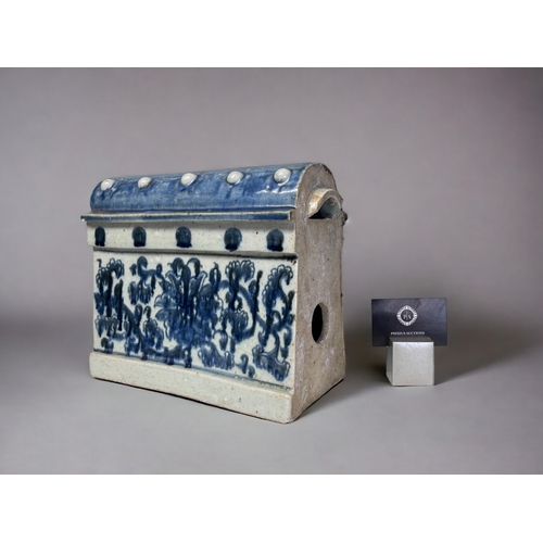 52 - A SCARCE CHINESE PORCELAIN BUILDING BLOCK RIDGE TILE. 
Qing dynasty. 
Blue & white painted foliate d... 