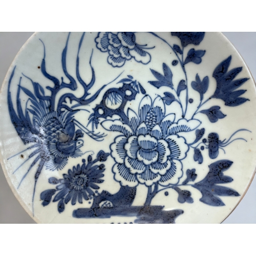 53 - A CHINESE PORCELAIN BLUE & WHITE DISH. Qing dynasty. Painted with a Phoenix and large blossoming... 