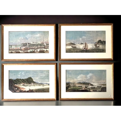 81 - A RARE SET OF FOUR CHINESE PITH PAPER PAINTINGS. Depicting scenes of Hong Kong harbour. Qing dynasty... 