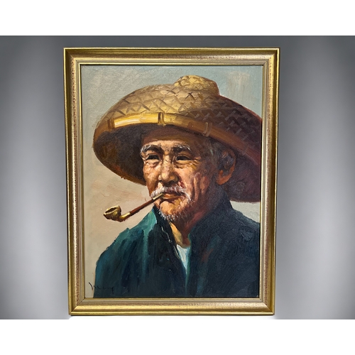 92 - Chinese school, Oil on board. Depicting 'old man smoking pipe' Signed to lower left. 45 c 36cm