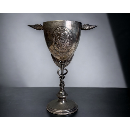 381 - A VICTORIAN SILVER PLATE GOBLET / TROPHY.
By Richard Hodd & son, 19th century.
Applied cartouche for... 