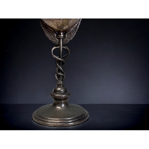 381 - A VICTORIAN SILVER PLATE GOBLET / TROPHY.
By Richard Hodd & son, 19th century.
Applied cartouche for... 