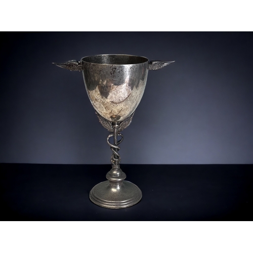 381 - A VICTORIAN SILVER PLATE GOBLET / TROPHY.
By Richard Hodd & son, 19th century.
Applied cartouche for... 