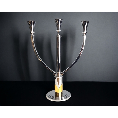 384 - A LARGE 3-BRANCH WMF SILVER PLATE CANDELABRA. 
From the Scala range. With gilt accent.
Height - 39cm