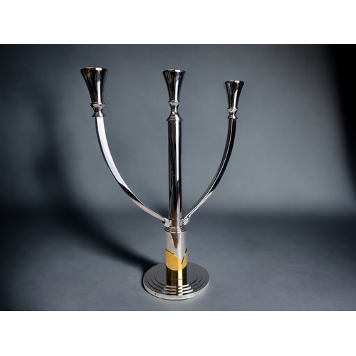 384 - A LARGE 3-BRANCH WMF SILVER PLATE CANDELABRA. 
From the Scala range. With gilt accent.
Height - 39cm