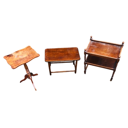 3 - Late 19thC early 20thC mahogany Wine Table, two tier trolley and an oak side table.