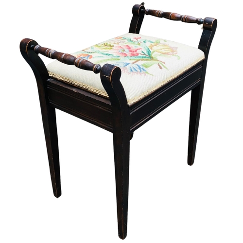 7 - Piano Stool with floral tapestry upholstered seat.