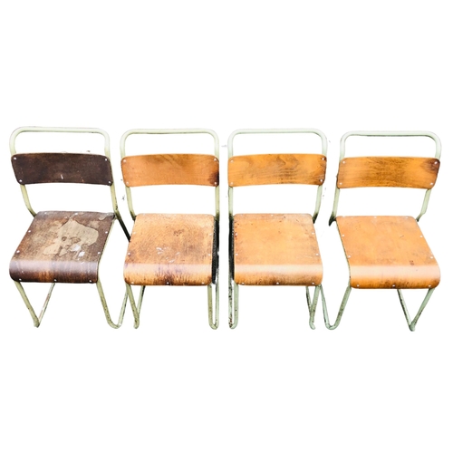 14 - 4 vintage metal framed stacking chairs, ply to seat and back.