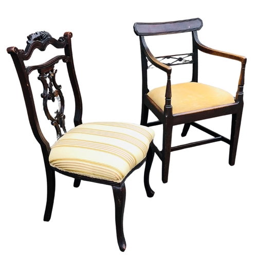 6 - 2 upholstered Chairs. 1 bedroom chair with cabriole legs and 1 carver (Regency?) with H stretcher.