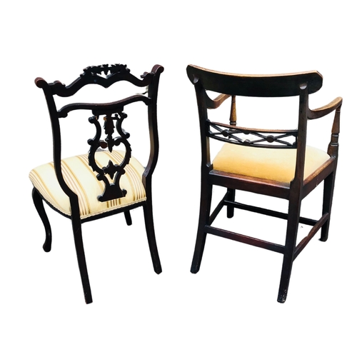 6 - 2 upholstered Chairs. 1 bedroom chair with cabriole legs and 1 carver (Regency?) with H stretcher.