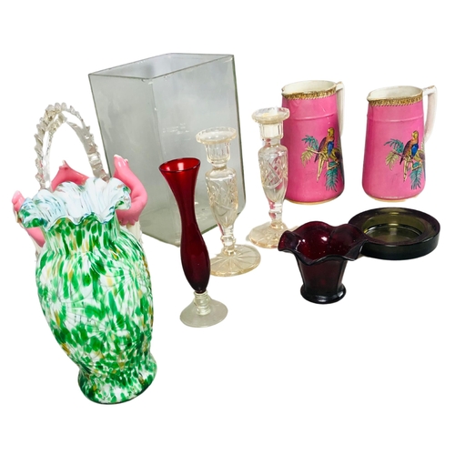 62 - Collection of Items including large Glass Square Vase, Decorative Glass Vase with Ruffled Rim Etc.