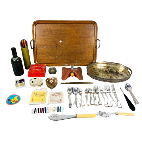 64 - Collection of Items including Oak Wood Butlers Tray, Utensils, Garden Sprinkler Etc