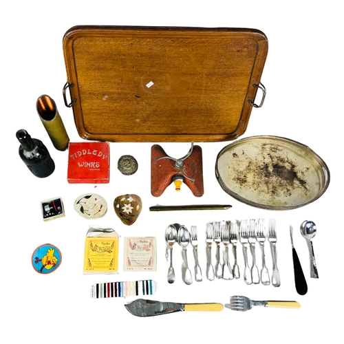 64 - Collection of Items including Oak Wood Butlers Tray, Utensils, Garden Sprinkler Etc