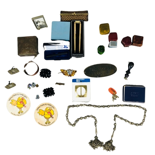 68 - Collection of Items Including Chiselled Indian Trinket Box, Vintage Jewellery Boxes, Papermate Pens ... 