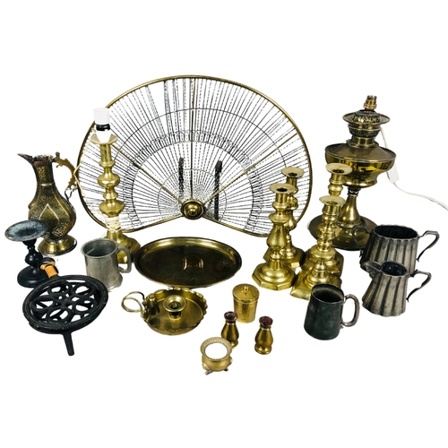 77 - Collection of Items including Firecreen, Brass Candle Holders, Brass Jug, Oil Lamp Etc