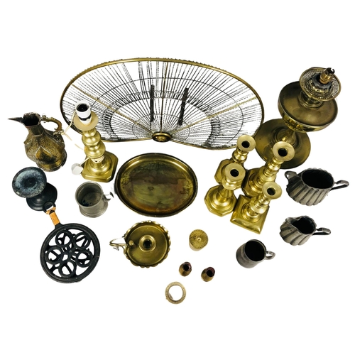 77 - Collection of Items including Firecreen, Brass Candle Holders, Brass Jug, Oil Lamp Etc