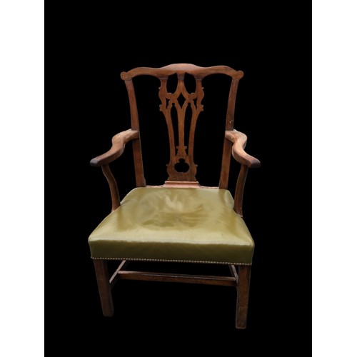 387 - 19th Century Blonde Mahogany Carved Backed Carver Chair and Cushion. Having Leatherette and Studded ... 