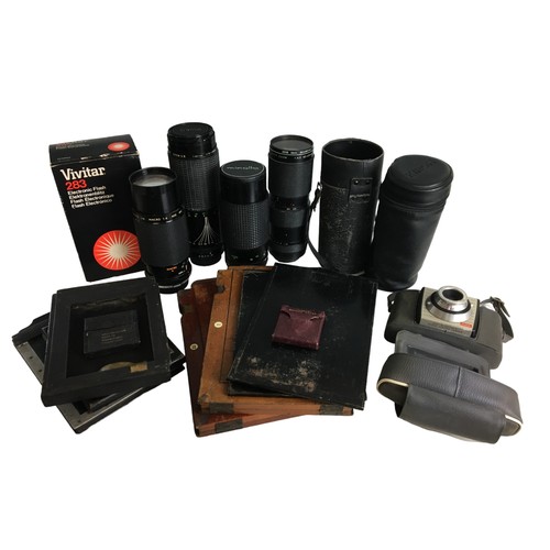 385 - Mahogany Photographic plate frames and Telephoto Lenses to include Sigma, Kiron, Minolta etc