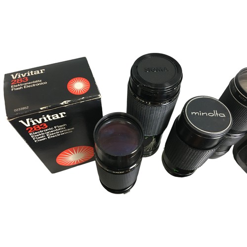 385 - Mahogany Photographic plate frames and Telephoto Lenses to include Sigma, Kiron, Minolta etc