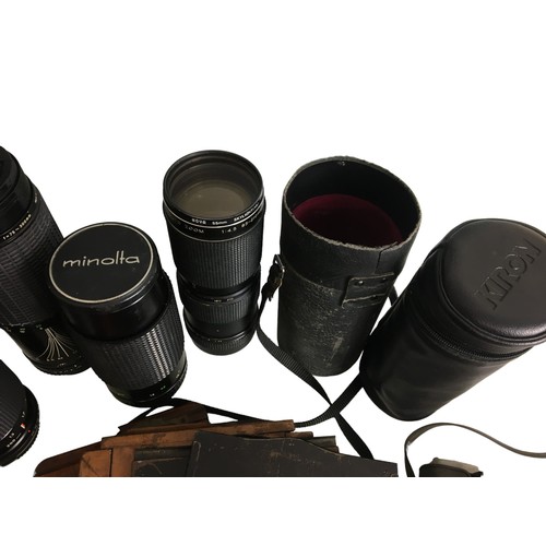 385 - Mahogany Photographic plate frames and Telephoto Lenses to include Sigma, Kiron, Minolta etc