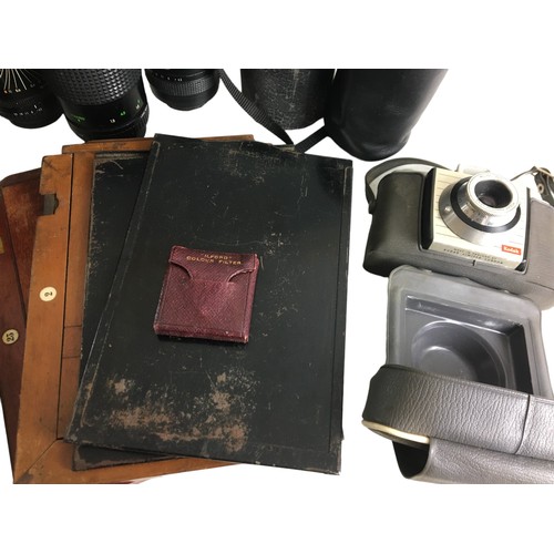 385 - Mahogany Photographic plate frames and Telephoto Lenses to include Sigma, Kiron, Minolta etc