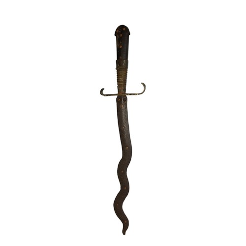 384 - Antique Indonesian Kris Dagger, Chased ornamental Blade and a Half wire bound Wooden Handle.