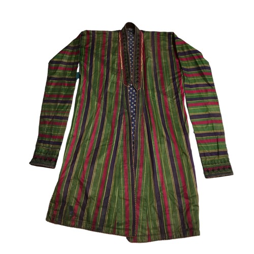 380 - Vintage Traditional Afghan Long Jacket/Coat - In Green Blue and Red stripes with Gold Pining. Embroi... 